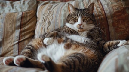An overweight cat lounging on a couch, its relaxed demeanor and satisfied expression indicating its love for a life filled with food and comfort.