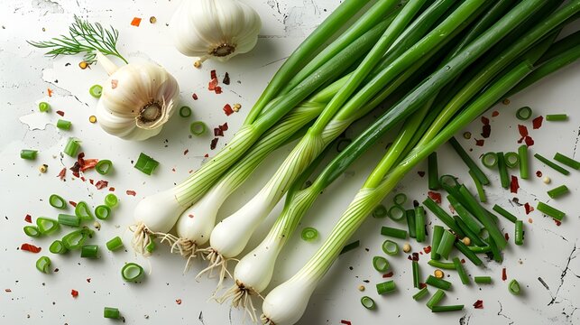 Sweet Garleek is a garlic and leek hybrid that combines the sweetness of onions with the rich flavor of garlic. On a white background, fresh spring onions with green leaves ai generated 