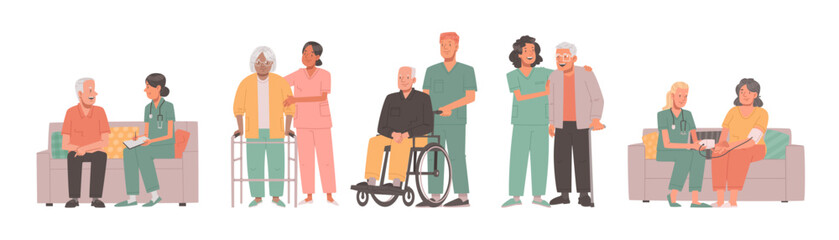 Care for the elderly. Nurses help and care for the health of older men and women in a nursing home or hospital. Vector illustration