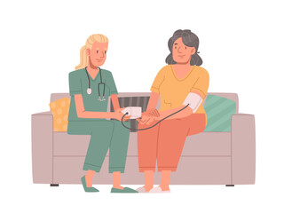A nurse measures the blood pressure of an elderly woman against a white background. Vector illustration