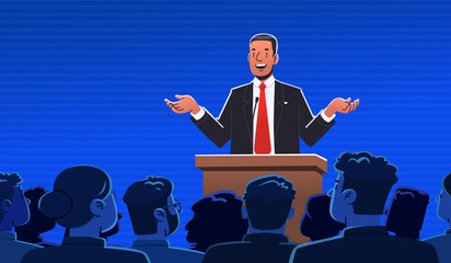 Speech by a politician or businessman at the podium in front of an audience. Speaker. Election promise, candidate for parliament - obrazy, fototapety, plakaty