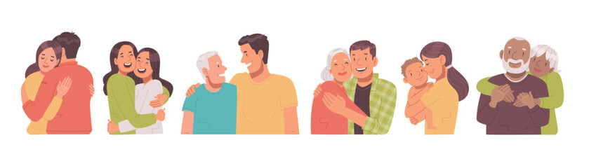 Love. People hug and are happy. Embrace of young and old couples, friends, parents and children. Vector illustration