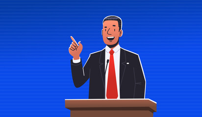 Speech by a politician, president or public figure behind the podium. Vector illustration - obrazy, fototapety, plakaty