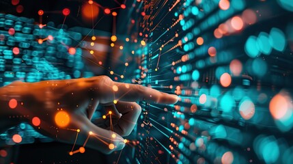 Big Data Science On Touchscreen Monitor. copy space for text.