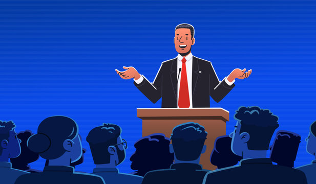 Speech by a politician or businessman at the podium in front of an audience. Speaker. Election promise, candidate for parliament