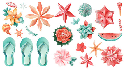 Vibrant Summer Vector Elements Set: Paper Cut Folding Style Illustrations of Sun, Flipflops, Ice Cream, Watermelon, Starfish, Perfect for Beach Vacation Designs, Tropical Holiday Graphics