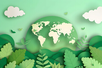 World Environment Day, A world surrounded by lush trees and forests, There's a clear sky It shows the abundance and clean air if everyone helps take care of and preserve the world