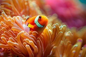 Naklejka na ściany i meble Mutualistic Symbiosis: The Harmonious Collaboration between Clownfish and Sea Anemone