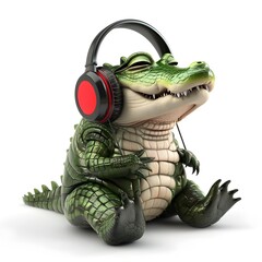 Baby Crocodile Enjoying Music through Headphones in Peaceful 3D Render - 798567407