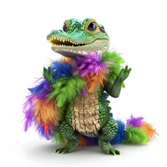 Glamorous Baby Crocodile in Vibrant Feather Boa Striking Pose - 798567454
