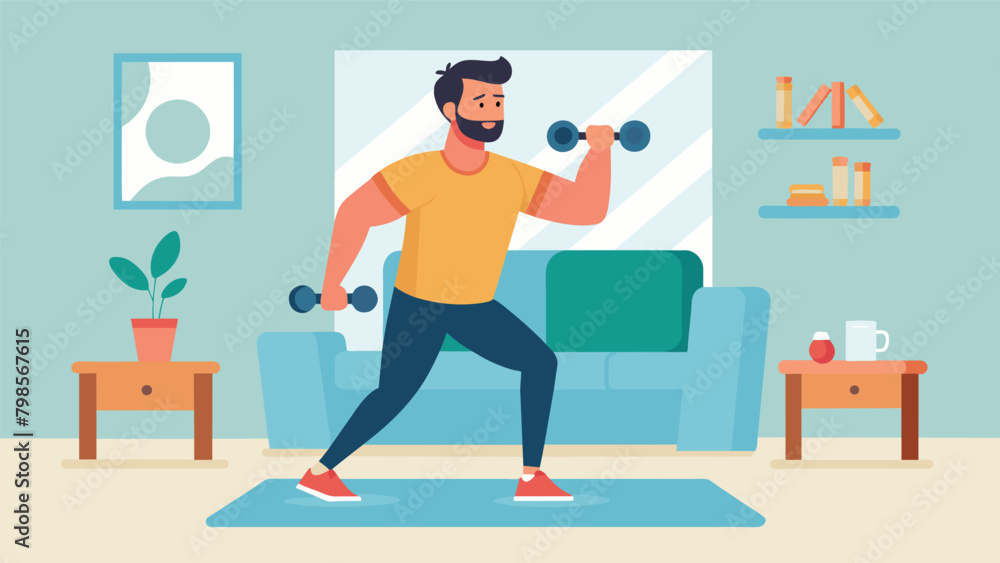 Poster a man uses a set of hand weights while following a highintensity interval training hiit workout in h