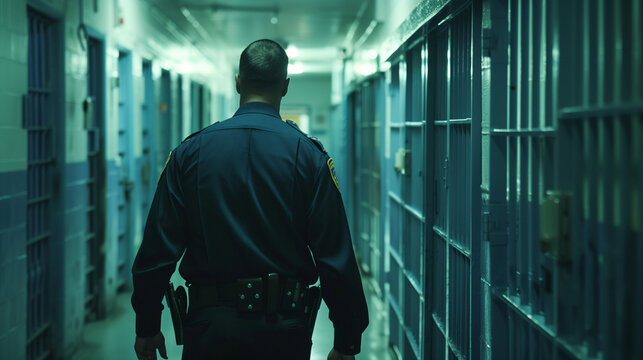 back view of police man walking in prison corridor