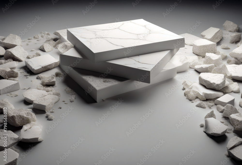 Fototapete 'stone rough 3d edges plates broken slabs textured rendering white podiums poduim block rock racked 