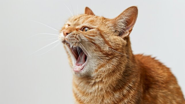 Crazy ginger cat crying isolated on white background