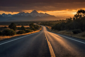 Fototapeta premium Highway towards mountains at sunset