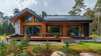 Realistic photo of a house made of SIP panels for the website of a house manufacturer