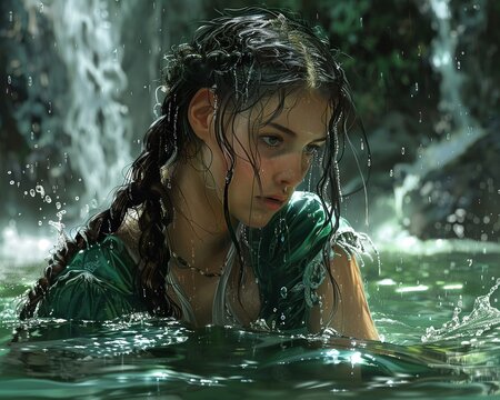 a girl with dark hair in green Scottish medieval clothes swims in a lake near a waterfall dark fantasy art