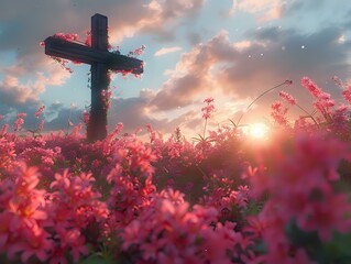 Vibrant Solitude: A Wooden Cross in a Sea of Flowers