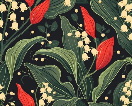 A pattern of Lily of the valley and hawthorn flowers, in the style of matisse