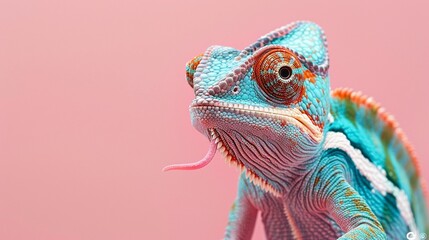 Obraz premium Chameleon shooting out his tongue, pastel pink background