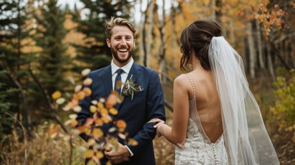A couple's joyful first look on their wedding day