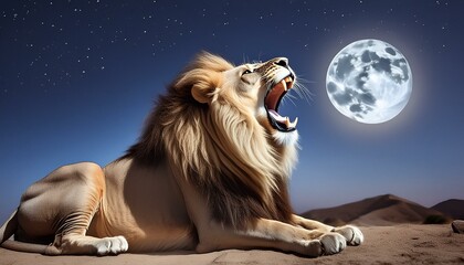 SIDE IMAGE ONE MALE LION ROARING UNDER THE MOONLIGHT IN THE AFRICAN SAVANNAH