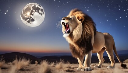 SIDE IMAGE ONE MALE LION ROARING UNDER THE MOONLIGHT IN THE AFRICAN SAVANNAH