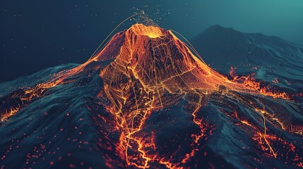 An image of a volcano, with its eruption path marked by a dotted line, symbolizing its unpredictable nature