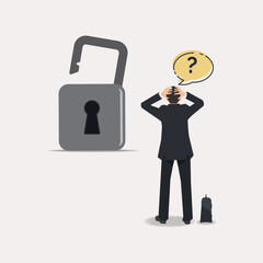 Businessman see the unlock padlock. Unsecured business concept vector illustration
