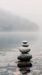 a stack of smoothe pebble stones by a serene lake