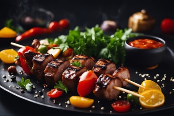 'grilled shish kebab vegetables black shashlik kebob meat pork bar-b-q grill background board...