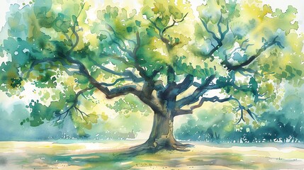 Watercolor illustration of a big, leafy tree in a park setting, designed for book covers or environmental awareness campaigns