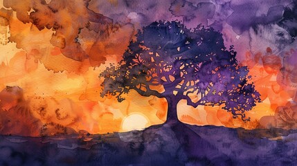 Artistic watercolor depiction of a giant tree at sunset, using deep oranges and purples, with space for text on top