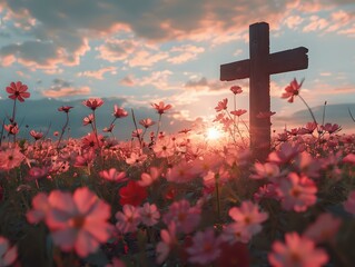 Tranquil Sunset: A Solitary Cross Amongst Blooms