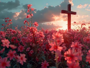 Luminous Faith: A Field of Flowers Under the Golden Sun
