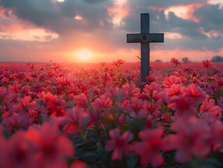 Nature's Embrace: A Wooden Cross Amidst a Carpet of Pink Flowers