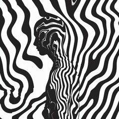 Figure standing with spiraling black and white patterns, mind complexity, SVG illustration