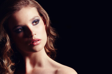 Confident, woman and makeup for cosmetics in studio with eyeshadow, satisfaction and natural...