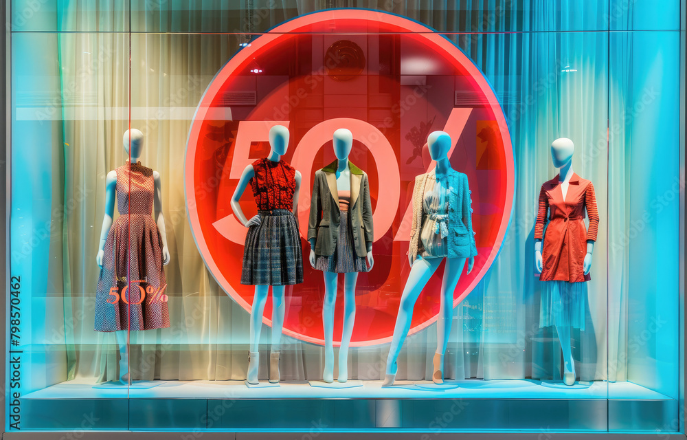 Wall mural A photo of an elegant and stylish window display featuring mannequins wearing fashionable , with the focal point being a large red circular sign reading 