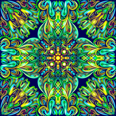 Oriental motifs, bright multi-colored ornament on a dark, black background, modern, ethnic pattern, India, mandala, richly decorated, gold, luxury