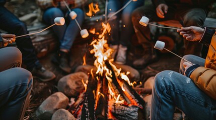 A group of friends toasting marshmallows over a campfire
