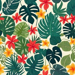 pattern with tropical leaves and flowers. AI generated