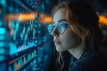 Analyst Financial, Business Technology Concept, Professionals analyzing financial data, with graph and statistics visible, in a busy office setting