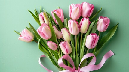 A stunning arrangement of pink tulips tied with a delicate pastel ribbon against a mint backdrop Perfect for Mother s Day Easter or Valentine s Day these spring flowers offer a fresh and vi