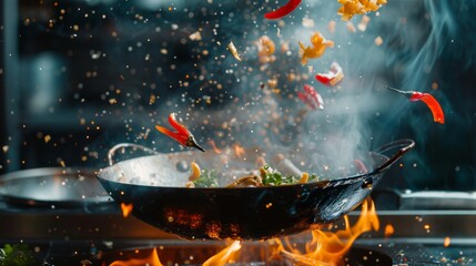 Freeze Motion of Wok Pan with Flying Ingredients in the Air and Fire Flames