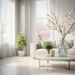 White living room interior with a white sofa, a coffee table and a vase with flowers. AI generated