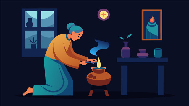 In a dimly lit room a solemn figure pours a libation from a clay pot onto a small altar adorned with candles and pictures of ancestors. Incense smoke. Vector illustration