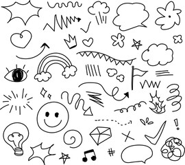 Charcoal pen liner doodle texture elements, crown, emphasis arrow, speech bubble, scribble. Handdrawn cute cartoon pencil sketches of decorative icons. Vector illustration of fire, highlight, explosio