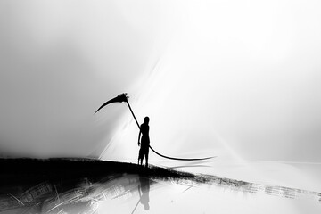 A single battle scythe, its silhouette sharp against the backdrop of white, a silent observer in...