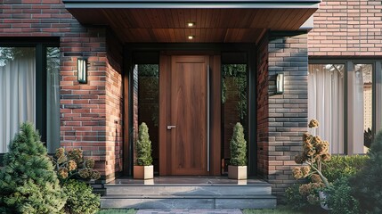 Brick House Modern Wooden Front Door, beautiful house. copy space for text.